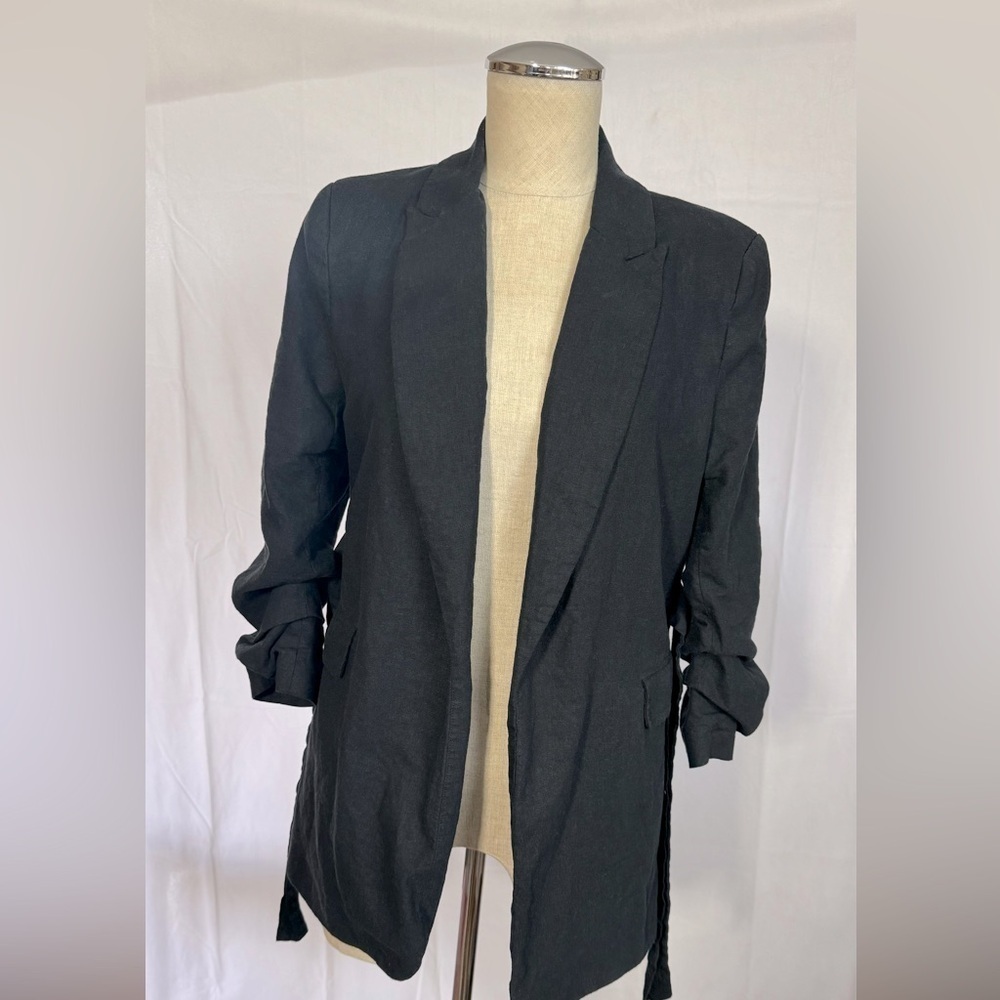 Scoop Linen-Blend Open Front Blazer with Tie Back and 3/4 Scrunch Sleeves - Picture 5 of 13